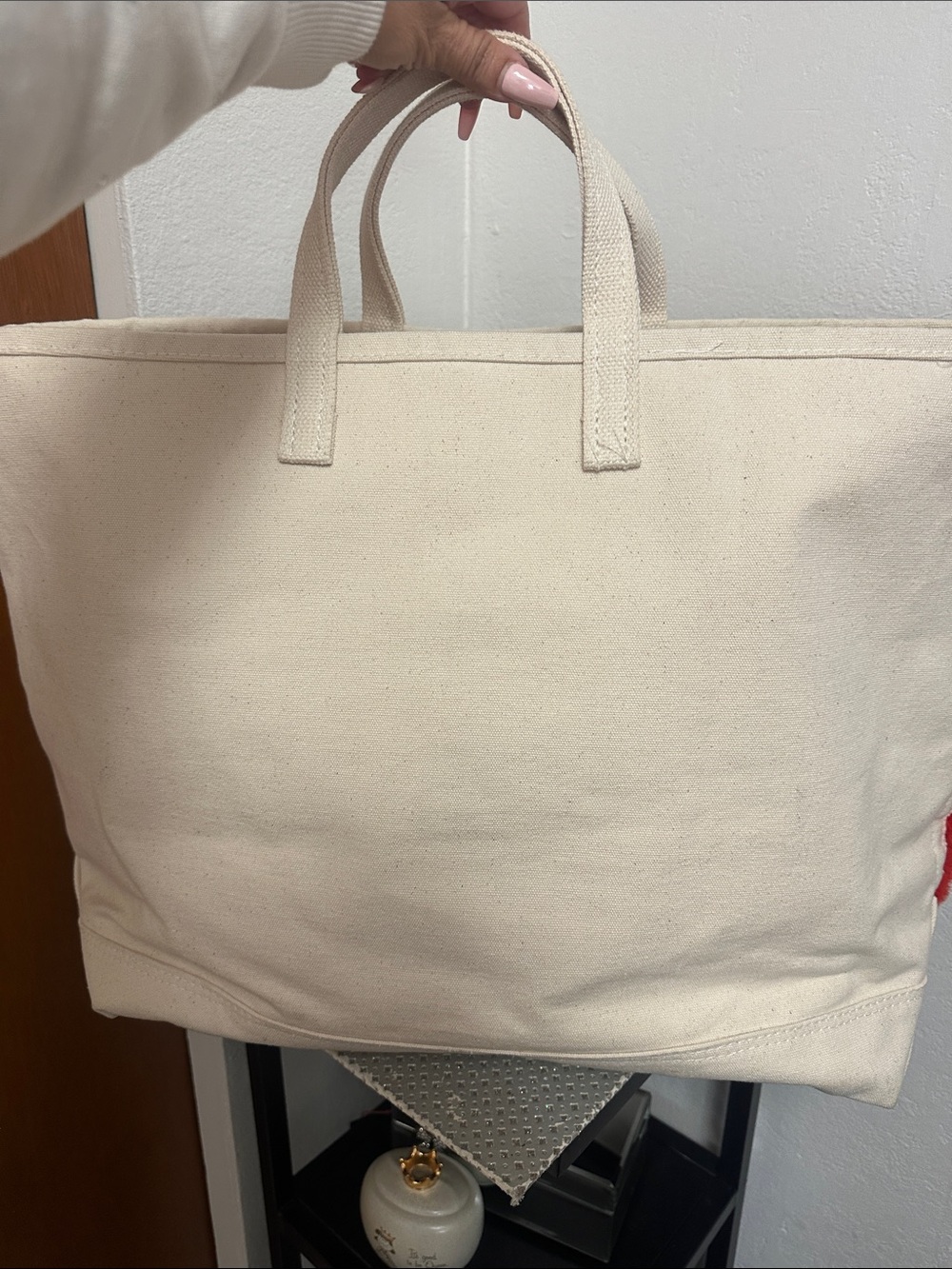 Steele Canvas Striped 💯 dyed lamb fur Extra Large Tote Bag in Red and Navy - Picture 6 of 10